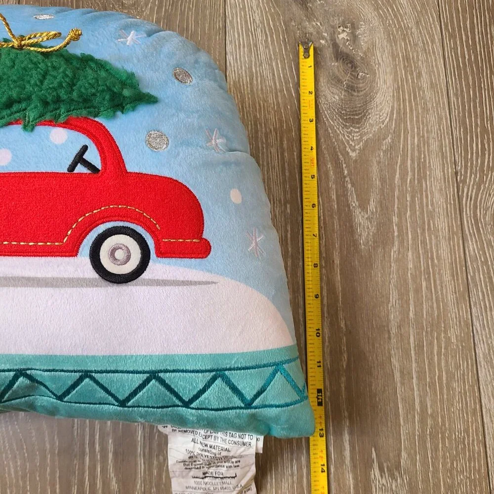 Christmas Pillow Holiday Decor Red Car with Christmas Tree Snow Globe Scene